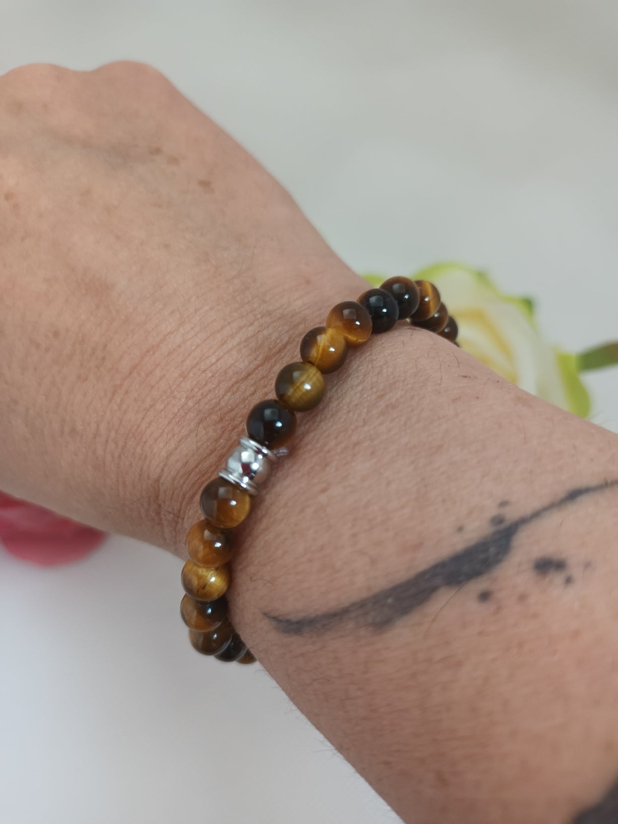 Bracelet œil de tigre 6 mm - perle acier inox - élastique