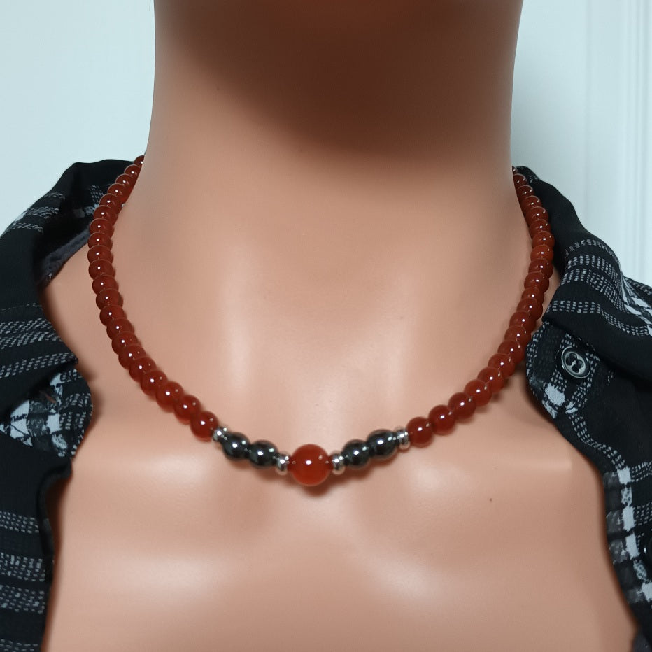 Collier cornaline & hématite - perles acier inox - réglable