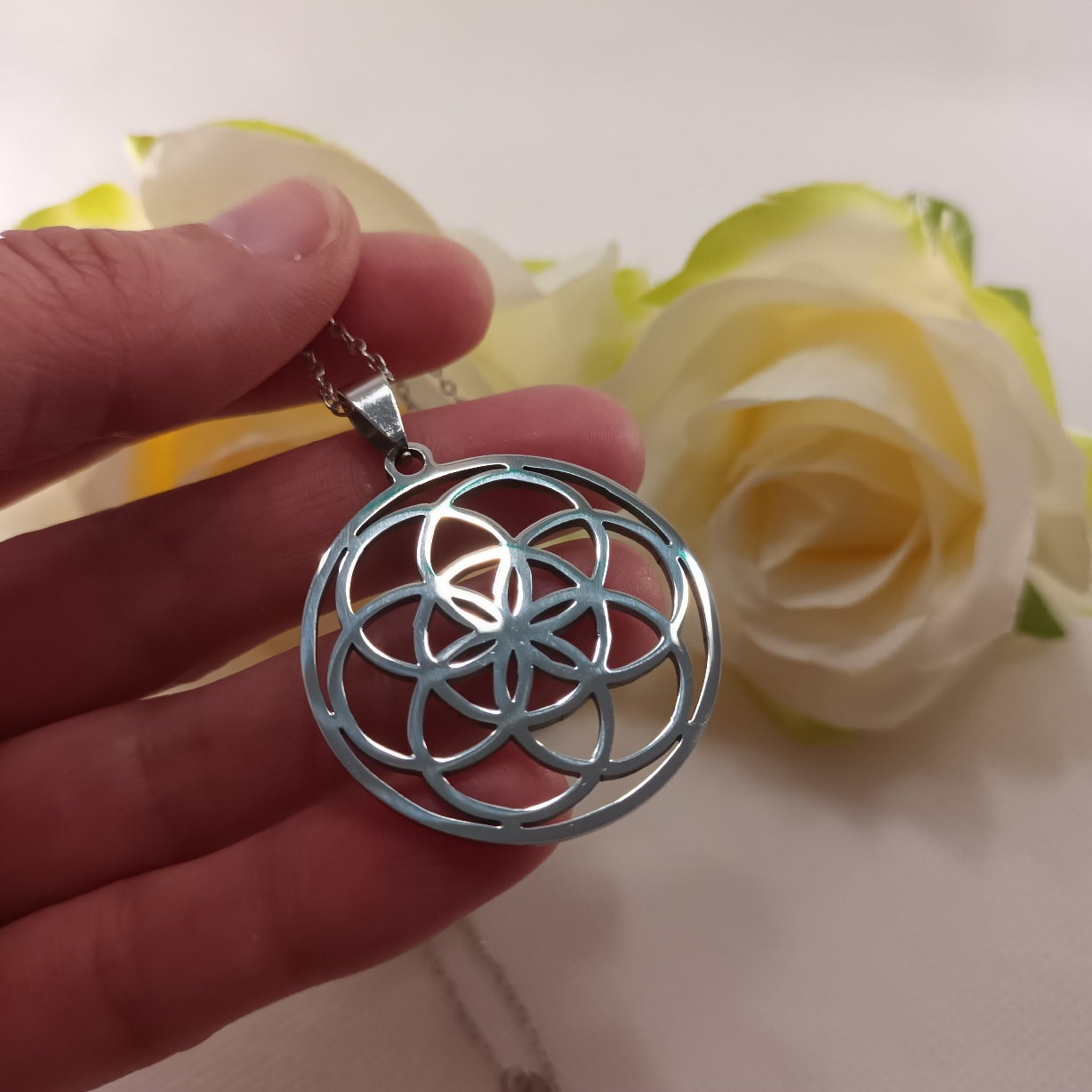 Pendentif Fleur de Vie argent - acier inoxydable - 3,5 cm