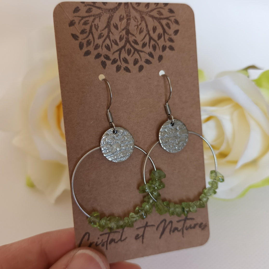 Boucles d’oreilles péridot - acier inoxydable - 5,4 × 3 cm