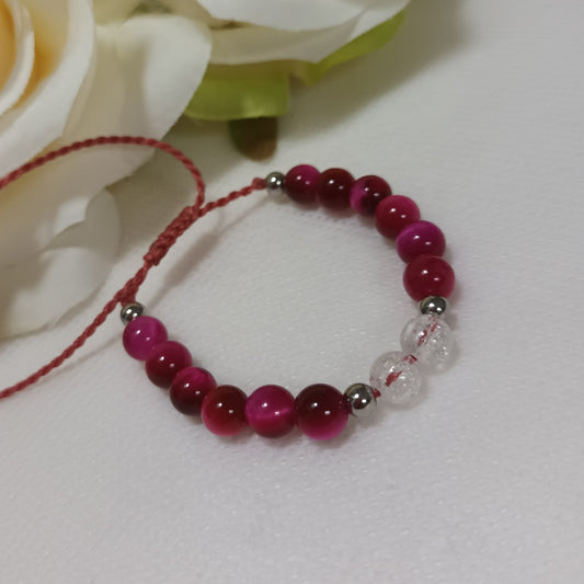 Bracelet œil de tigre teinté rose & cristal de roche 6 mm - réglable - enfant