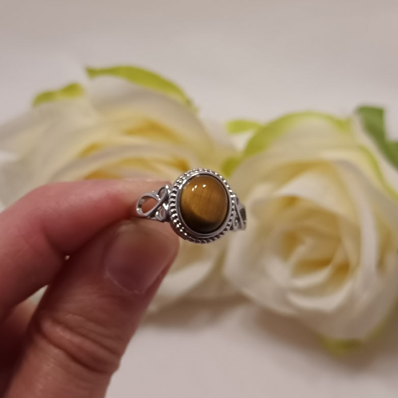 Bague réglable œil de tigre - pierre ovale - laiton rhodié