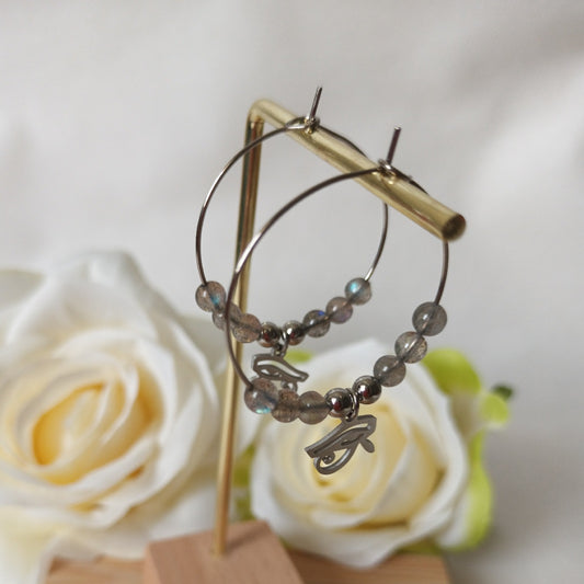 Boucles d’oreilles labradorite - motif troisième œil - anneaux 3 cm - acier inoxydable
