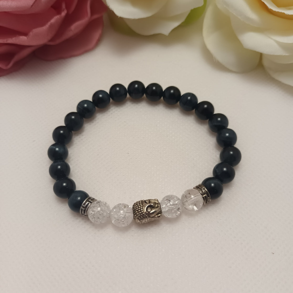 Bracelet œil de faucon et cristal de roche 8 mm - breloques acier inox - élastique 17,5 cm