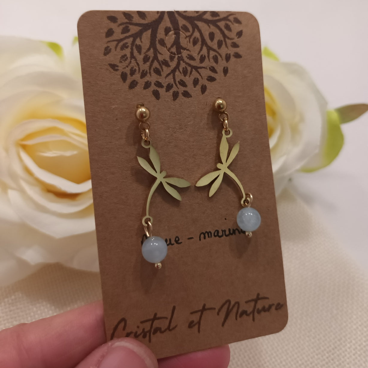 Boucles d’oreilles aigue‑marine - motif libellule - acier inoxydable - 4 × 1,5 cm
