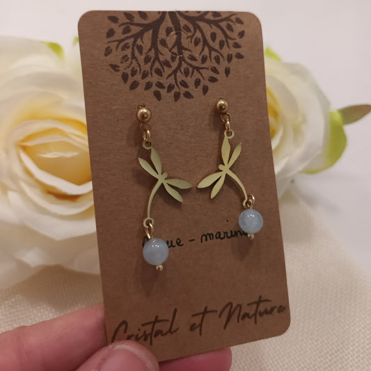 Boucles d’oreilles aigue‑marine - motif libellule - acier inoxydable - 4 × 1,5 cm