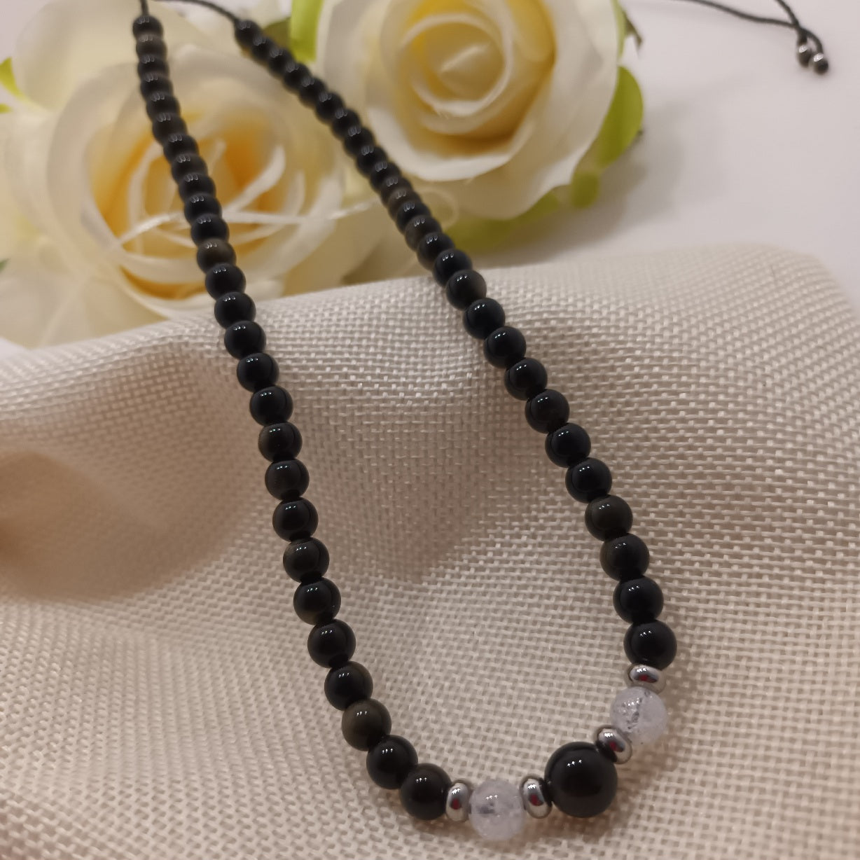 Collier obsidienne dorée & cristal de roche - perles acier inox - réglable
