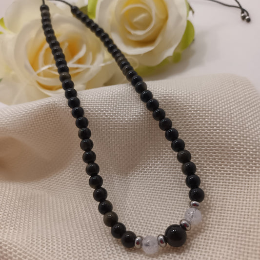 Collier obsidienne dorée & cristal de roche - perles acier inox - réglable