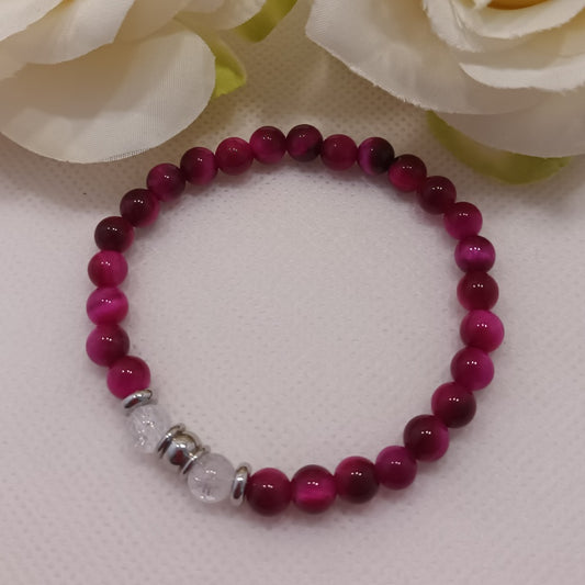 Bracelet œil de tigre teinté rose & cristal de roche 6 mm - perles acier inox - élastique 16 cm