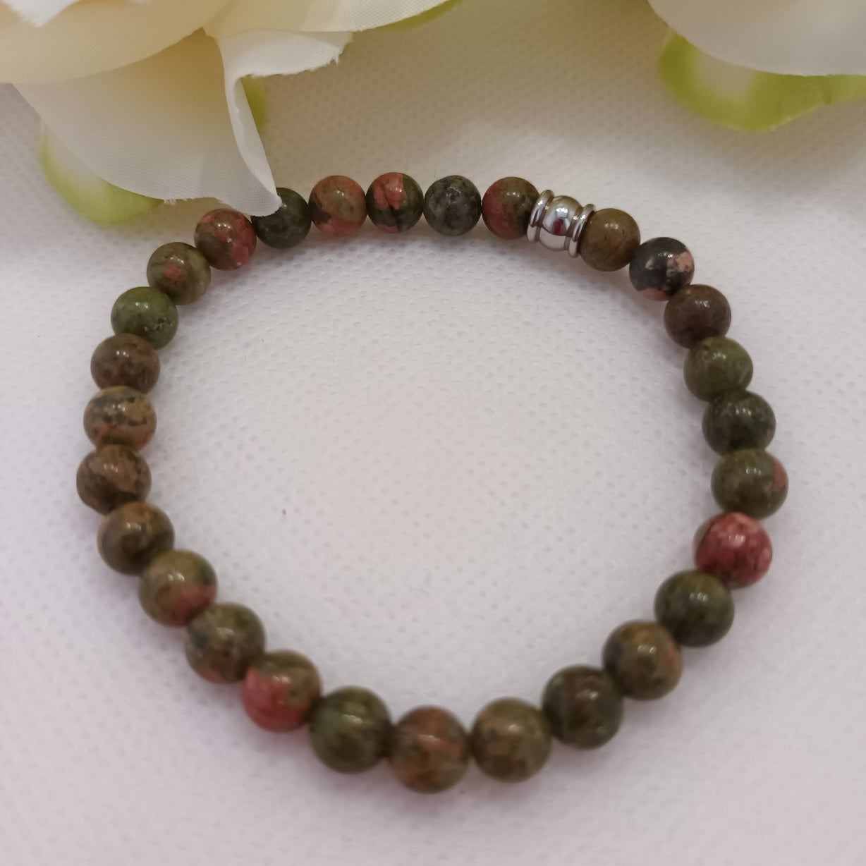 Bracelet unakite 6 mm - perle acier inox - élastique 16,5 cm