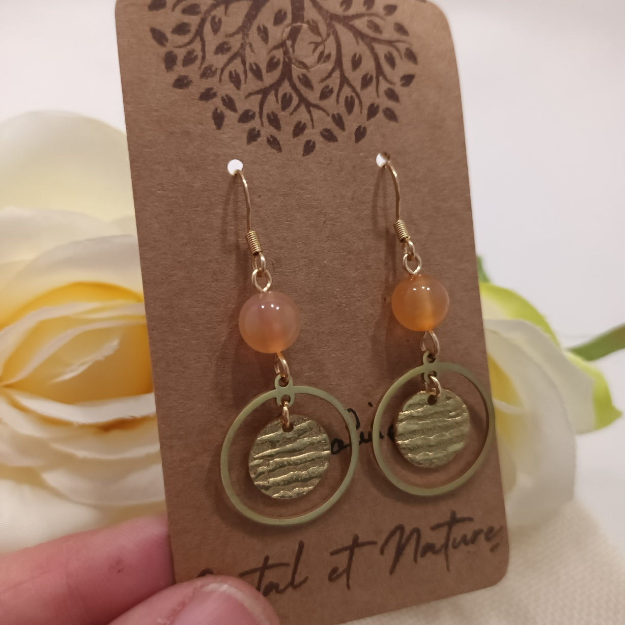 Boucles d’oreilles cornaline - acier inoxydable couleur or - 5 × 2 cm