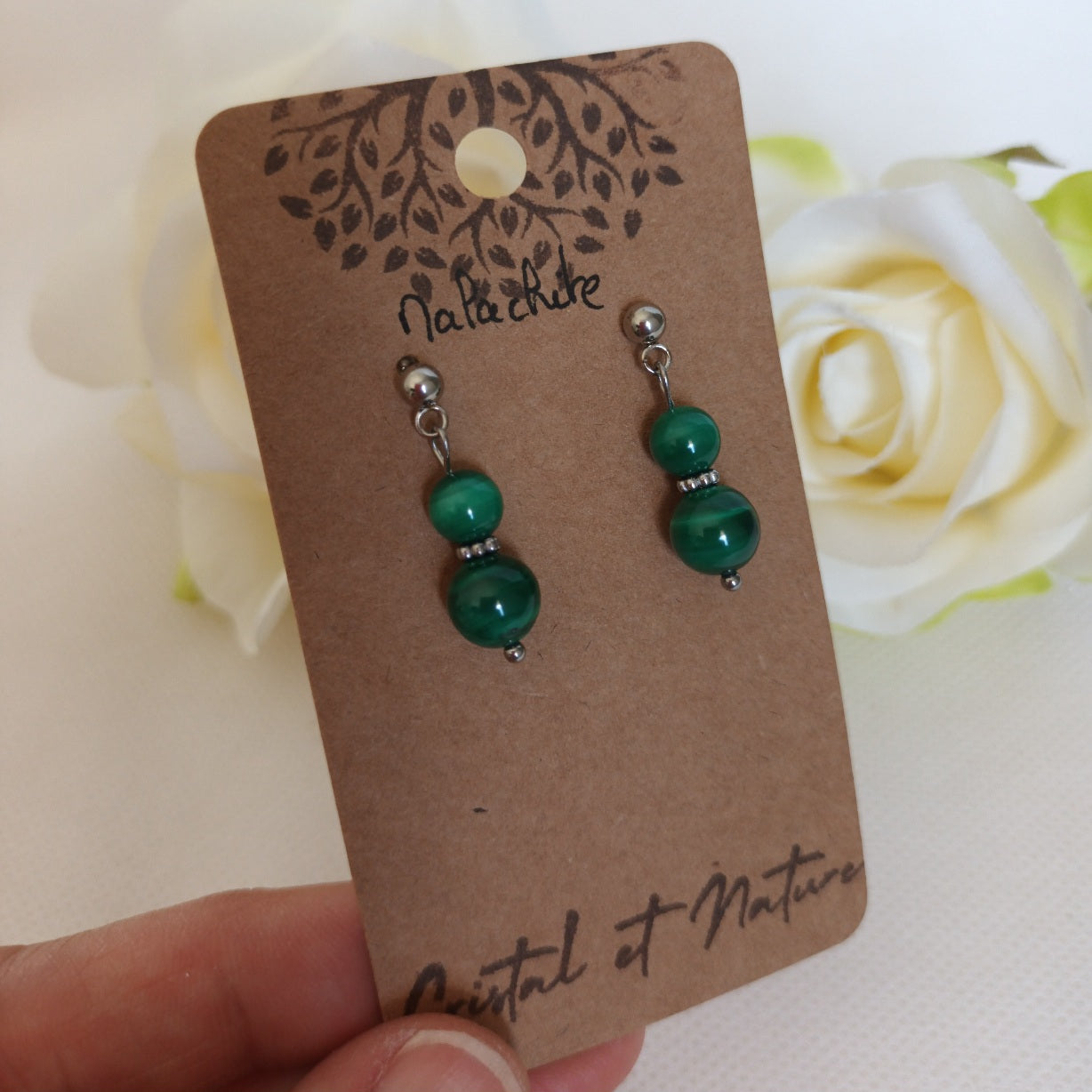 Boucles d’oreilles malachite - acier inoxydable - 2,9 × 0,8 cm