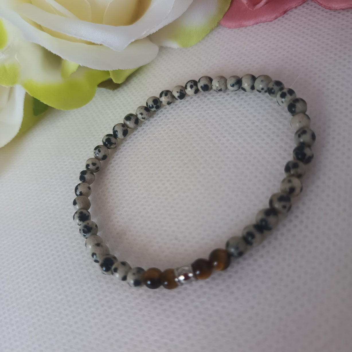 Bracelet jaspe dalmatien et œil de tigre 4 mm - perle inox - élastique 16 cm