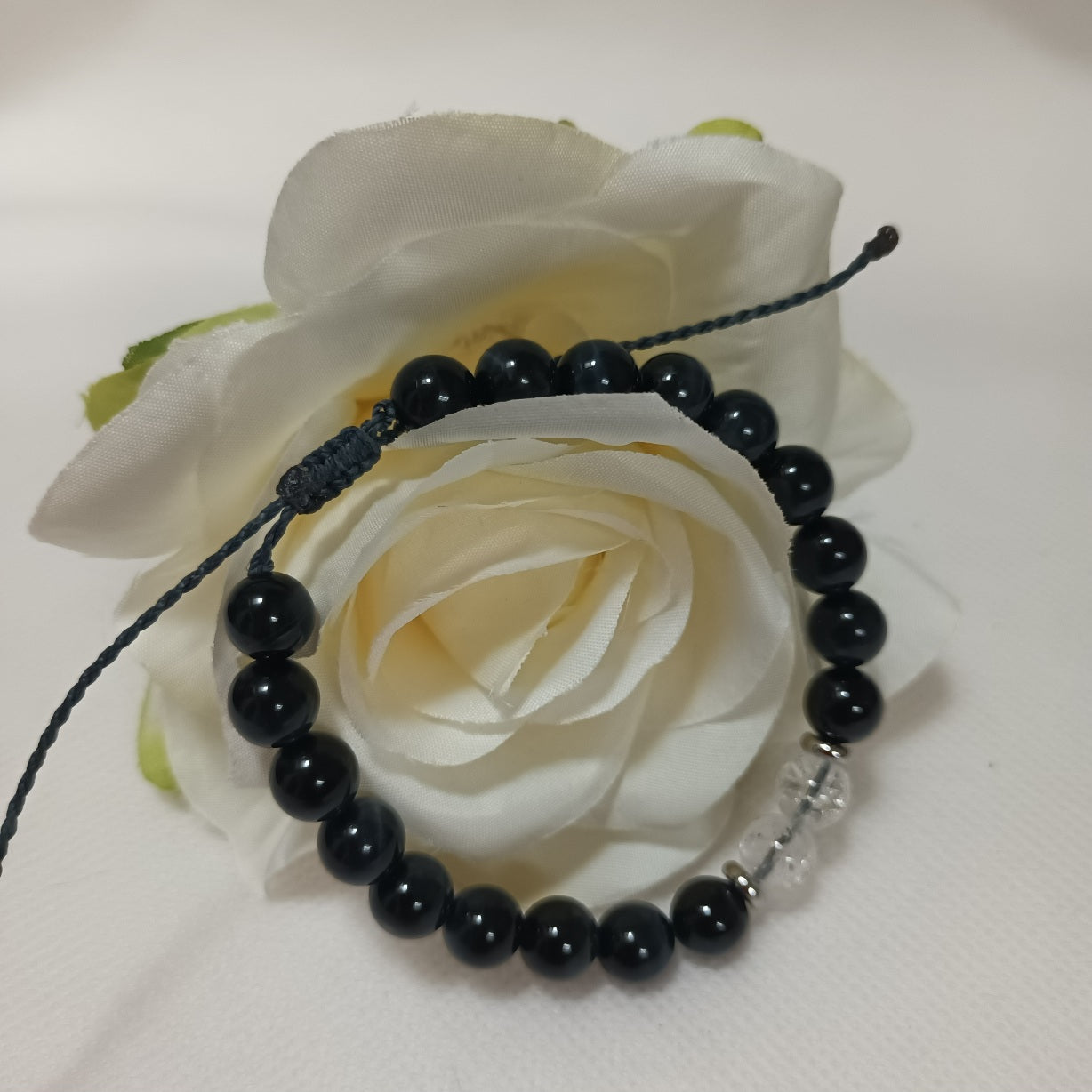 Bracelet œil de faucon & cristal de roche 8 mm - réglable