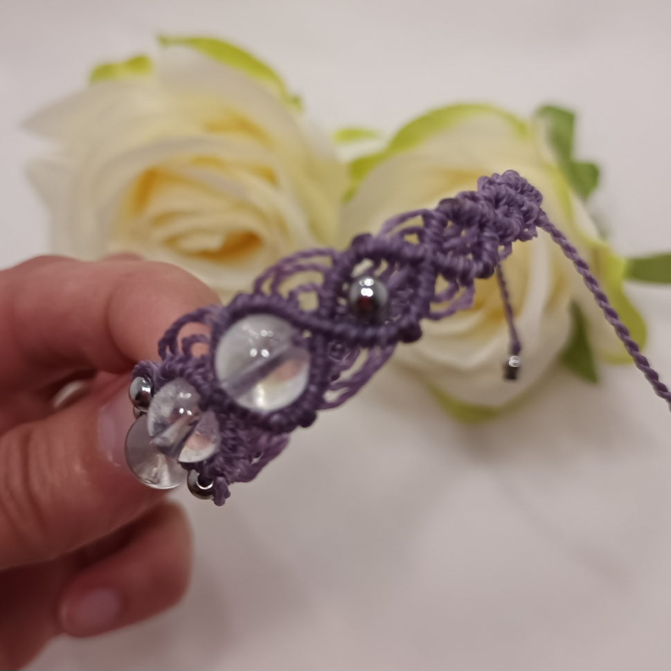 Bracelet cristal de roche 8 mm - micro‑macramé - réglable