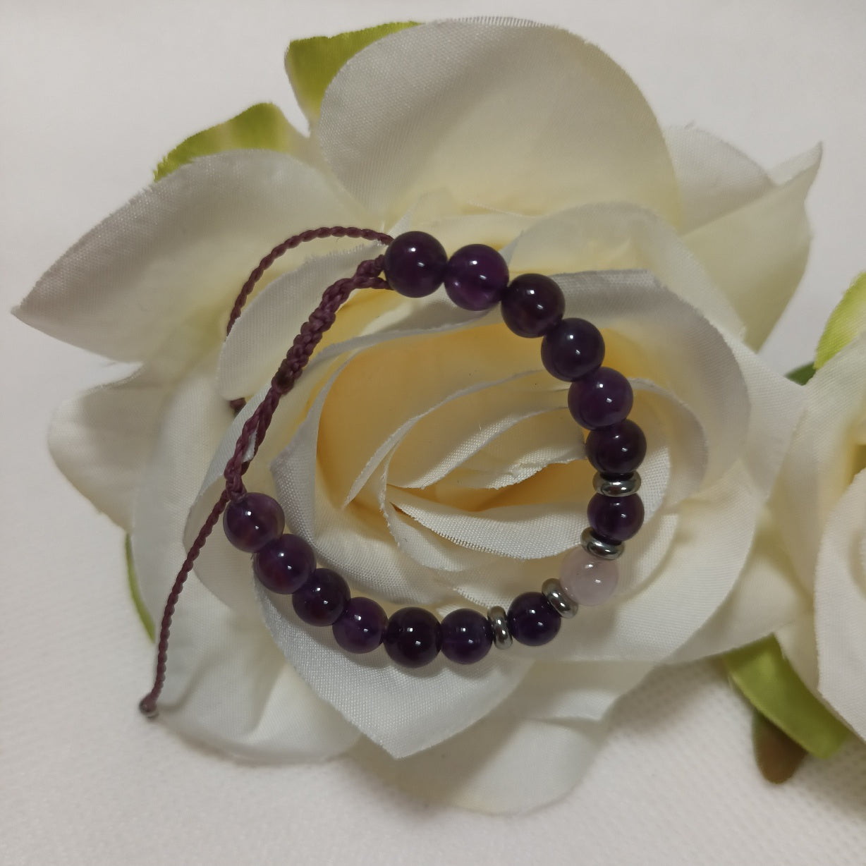 Bracelet améthyste & quartz rose 6 mm - réglable - enfant