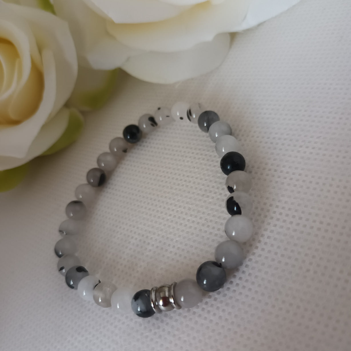 Bracelet quartz tourmaline 6 mm - perle acier inox - élastique 16 cm