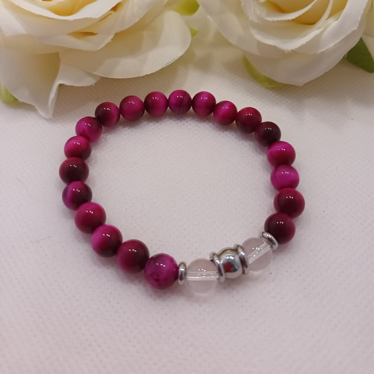 Bracelet œil de tigre teinté rose & cristal de roche 8 mm - perles acier inox - élastique 17 cm