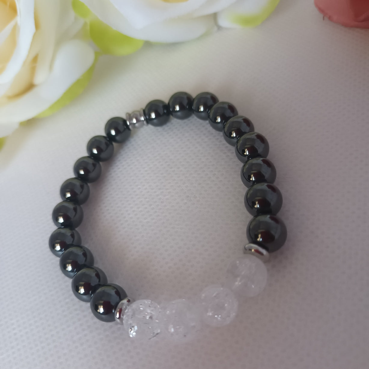 Bracelet hématite magnétique et cristal de roche 8 mm - perles acier inox - élastique 16 cm