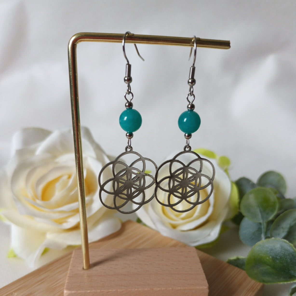 Boucles d’oreilles amazonite du Pérou - acier inoxydable - 6,2 × 2,5 cm