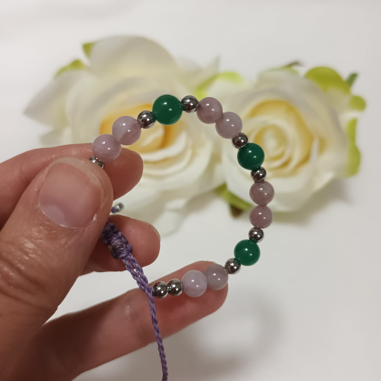 Bracelet quartz rose de Madagascar & aventurine verte 6 mm - réglable - enfant