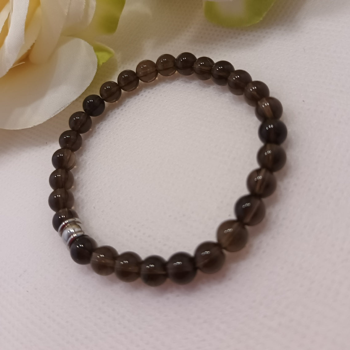 Bracelet quartz fumé 6 mm - perle acier inox
