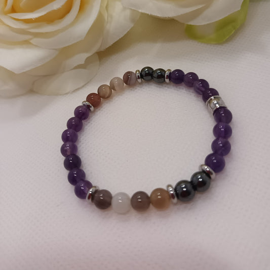 Bracelet Anti‑Addictions - améthyste, agate Botswana & hématite - perles acier inox - élastique 16 cm