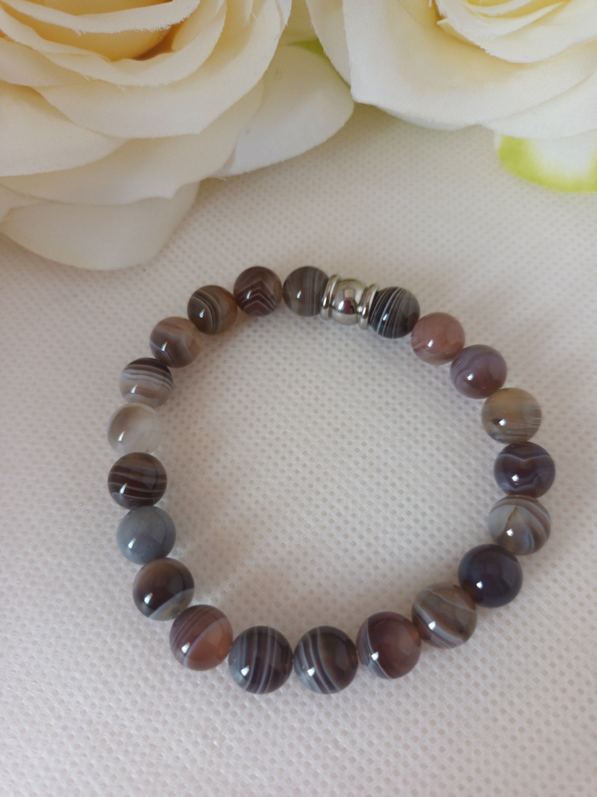 Bracelet agate Botswana 8 mm - perle acier inox - élastique 15 cm