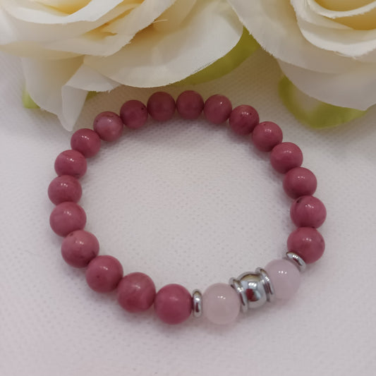 Bracelet rhodonite rose & quartz rose 8 mm - perles acier inox