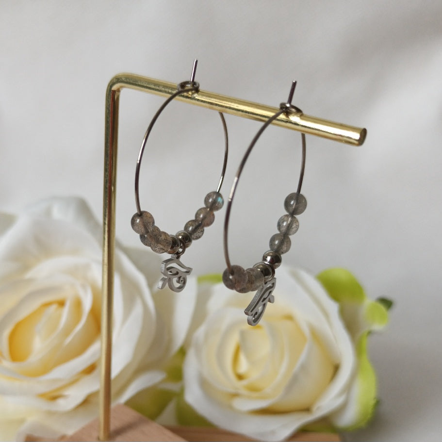 Boucles d’oreilles labradorite - motif troisième œil - anneaux 3 cm - acier inoxydable