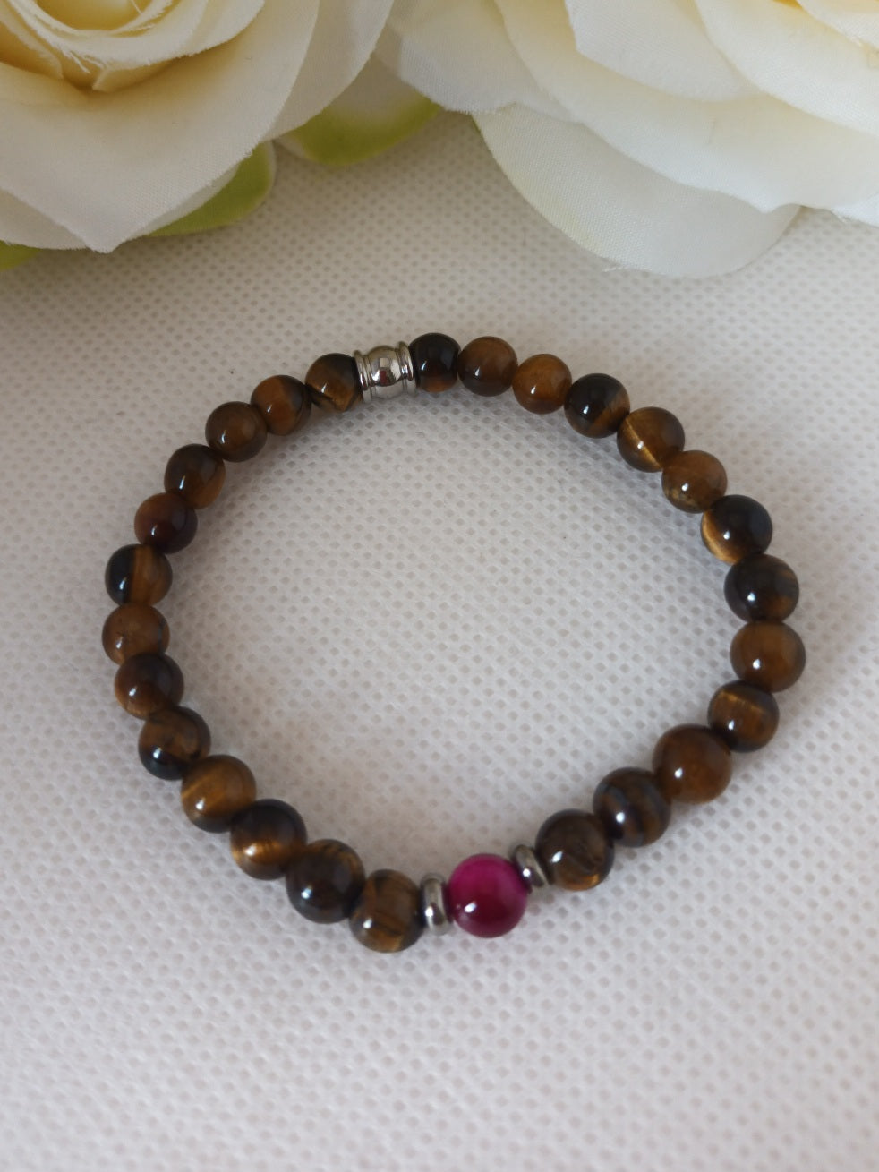 Bracelet œil de tigre 6 mm et perle œil de tigre rose - perle acier inox - élastique 15 cm