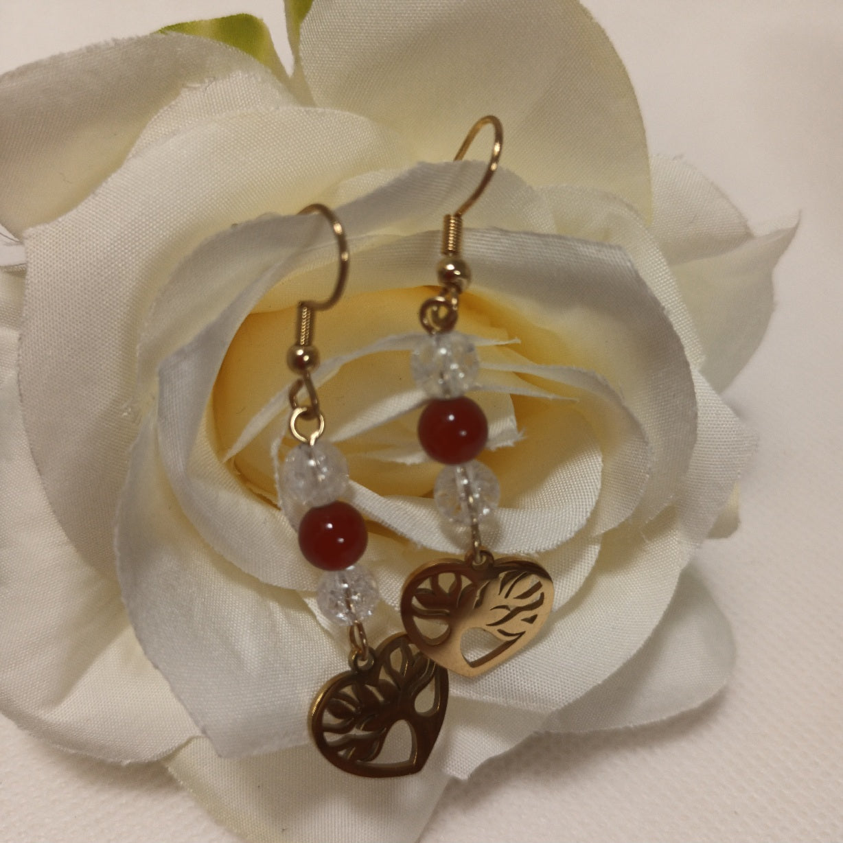 Boucles d’oreilles cornaline & cristal de roche - acier inoxydable - 5,5 × 1,5 cm
