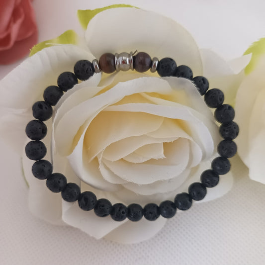 Bracelet pierre de lave et œil de tigre 6 mm - perles acier inox - élastique 16 cm