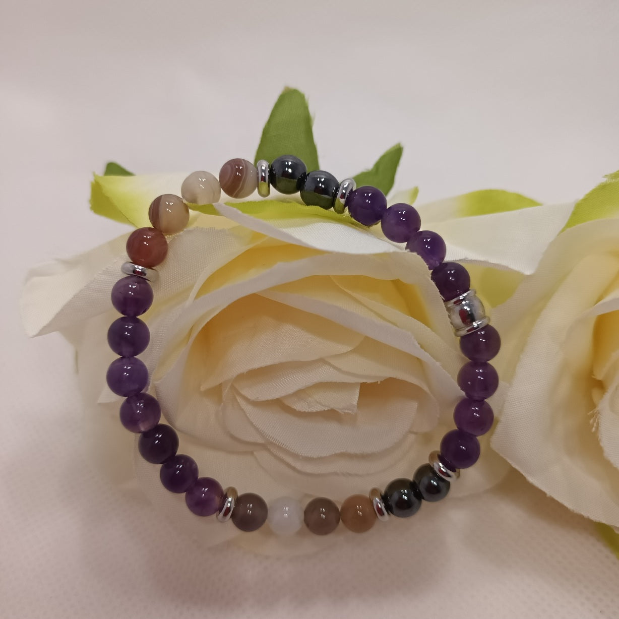 Bracelet Anti‑Addictions - améthyste, agate Botswana & hématite - perles acier inox - élastique 16 cm