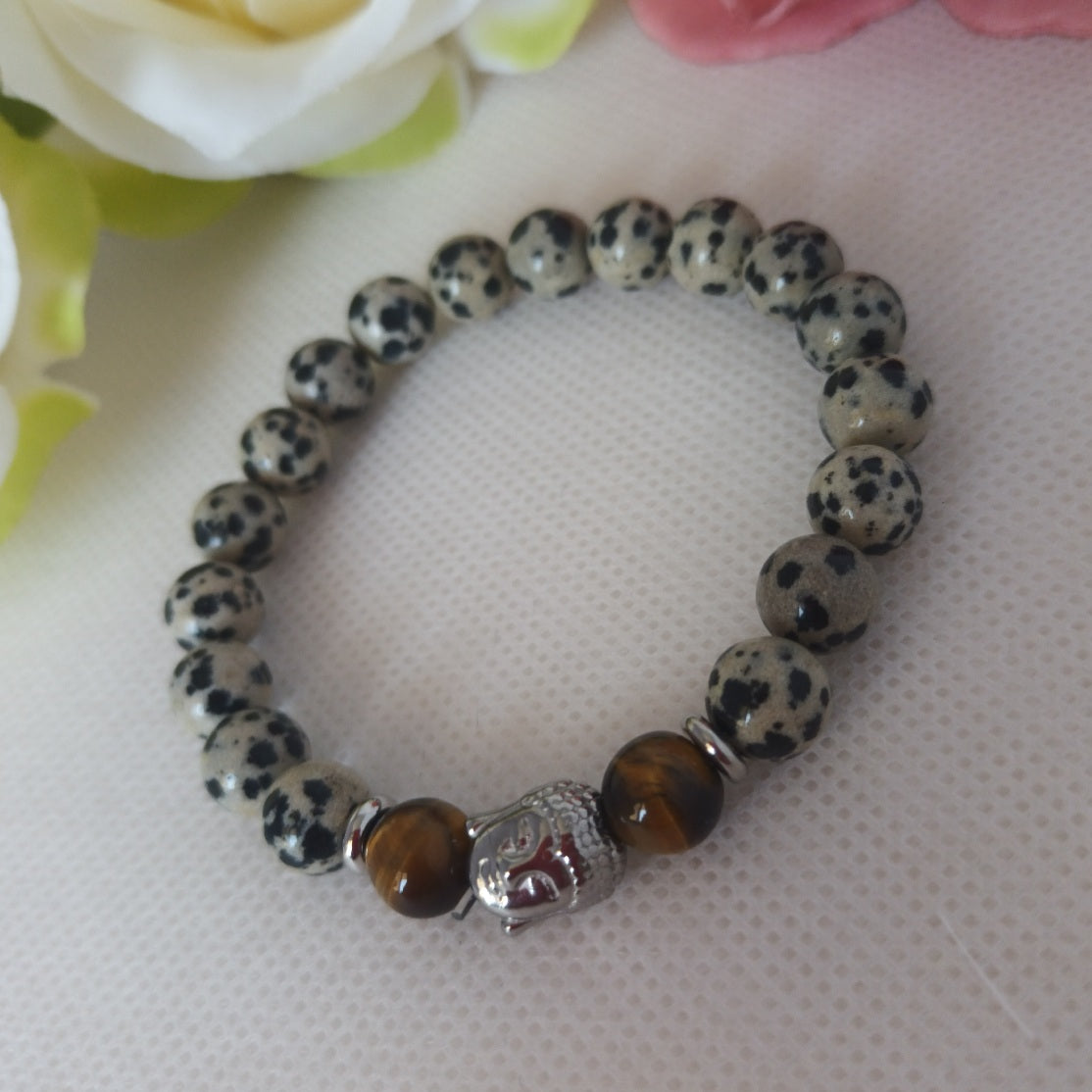 Bracelet jaspe dalmatien et œil de tigre 8 mm - bouddha acier inox - élastique 15,5 cm