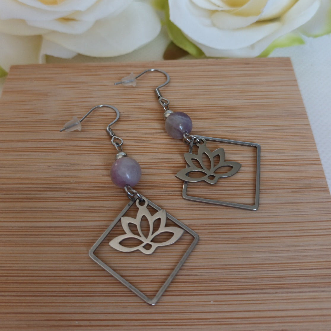 Boucles d’oreilles tourmaline rose - acier inoxydable - 6,5 × 2,7 cm