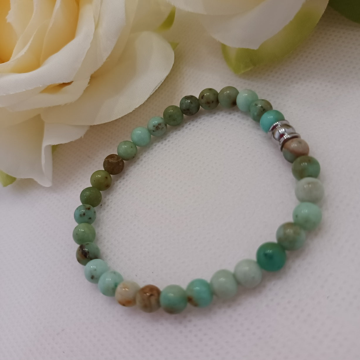 Bracelet turquoise de Mongolie 6 mm - perle acier inox - élastique 16 cm