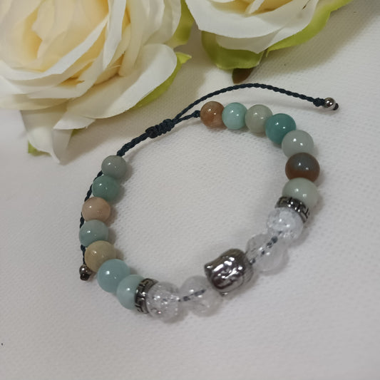 Bracelet amazonite de Chine & cristal de roche 8 mm - breloques acier inox - réglable