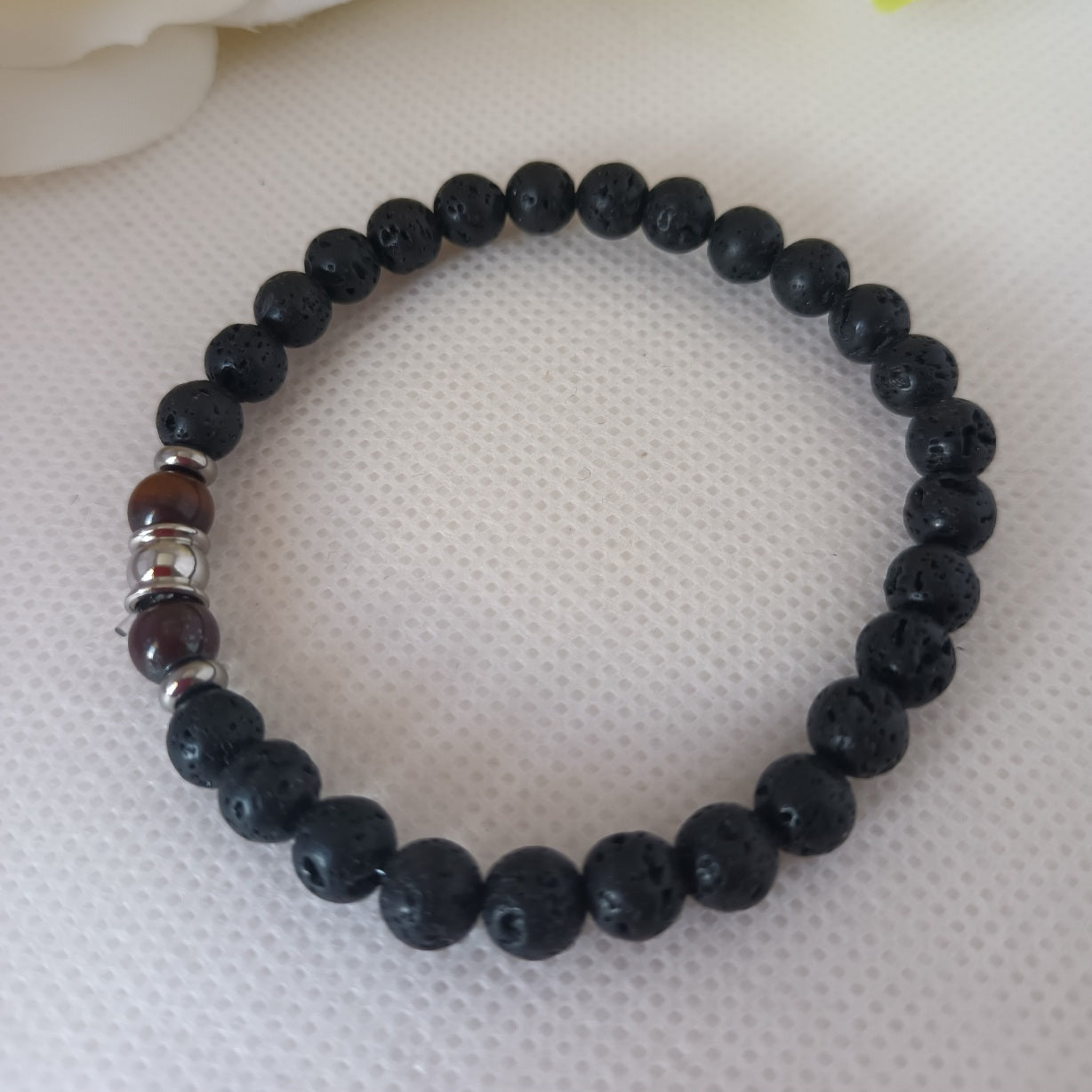 Bracelet pierre de lave et œil de tigre 6 mm - perles acier inox - élastique 16 cm