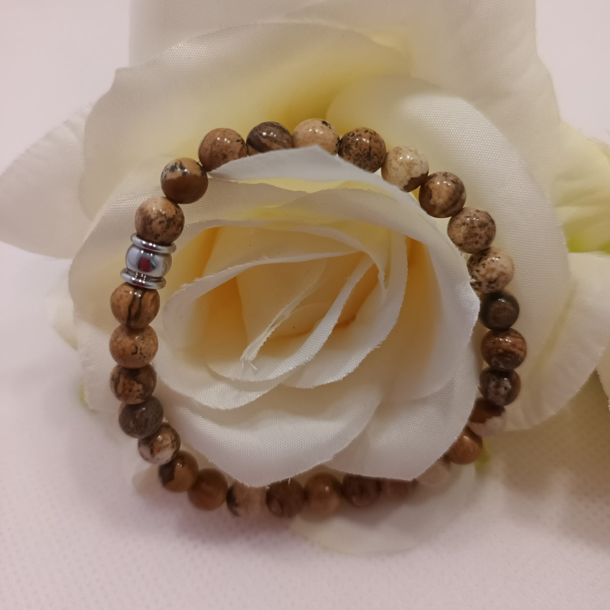 Bracelet jaspe paysage 6 mm - perle acier inox - élastique