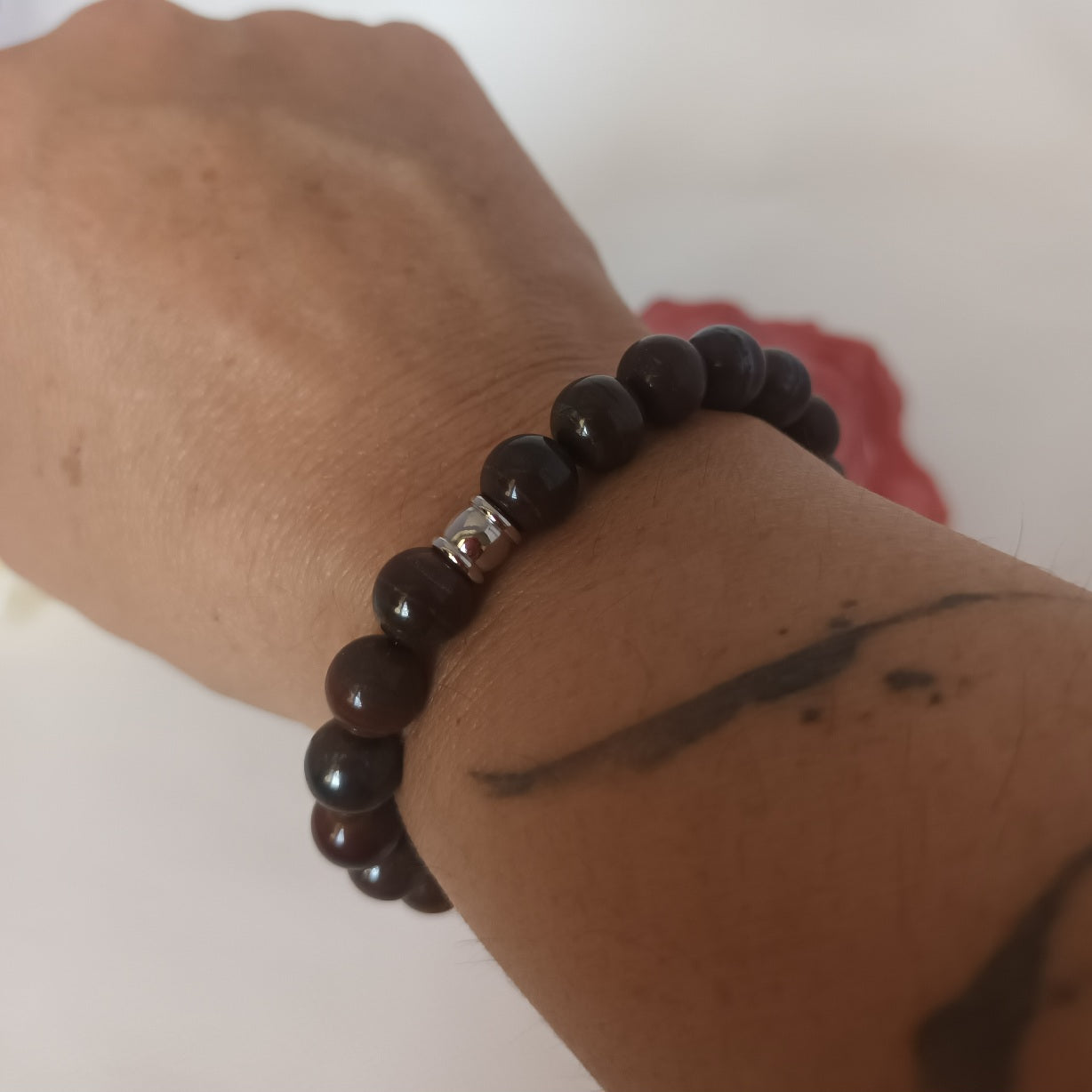 Bracelet œil de fer 8 mm - perle acier inox - élastique 15,5 cm