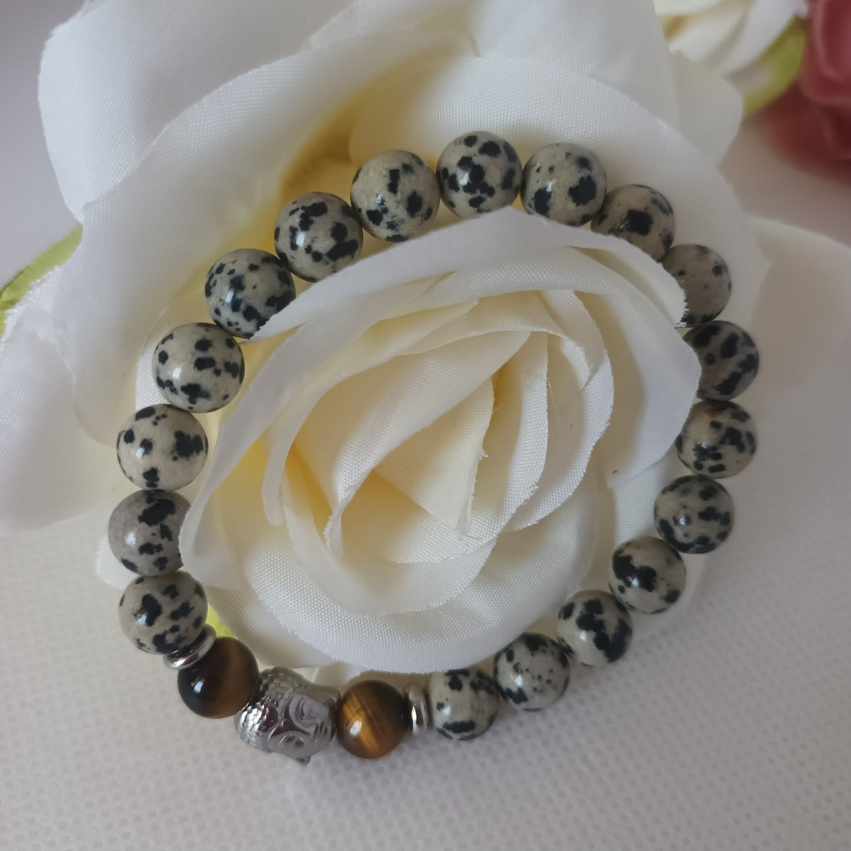 Bracelet jaspe dalmatien et œil de tigre 8 mm - bouddha acier inox - élastique 15,5 cm