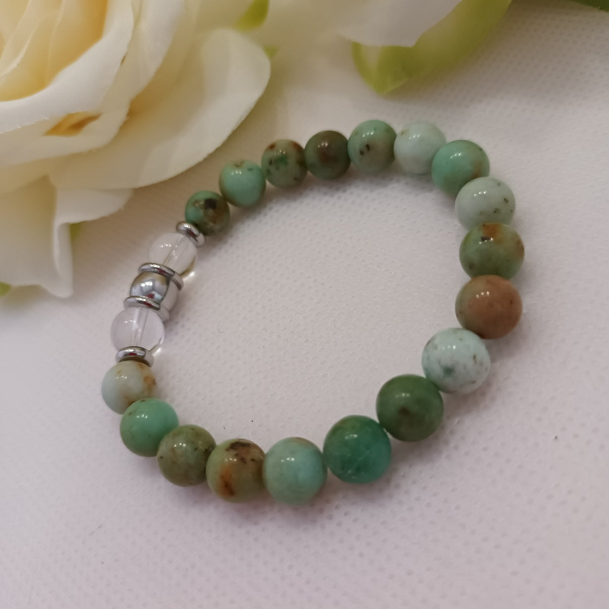 Bracelet turquoise de Mongolie & cristal de roche 8 mm - perles acier inox - élastique 15 cm