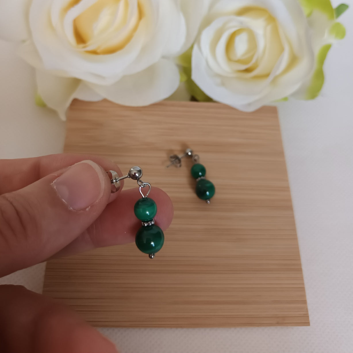 Boucles d’oreilles malachite - acier inoxydable - 2,9 × 0,8 cm