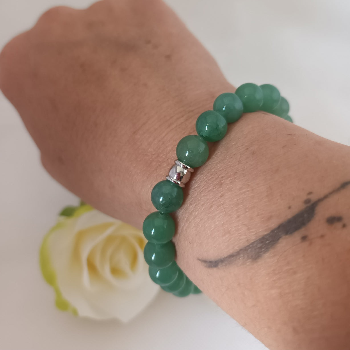 Bracelet aventurine verte 8 mm - perle acier inox - élastique 17 cm