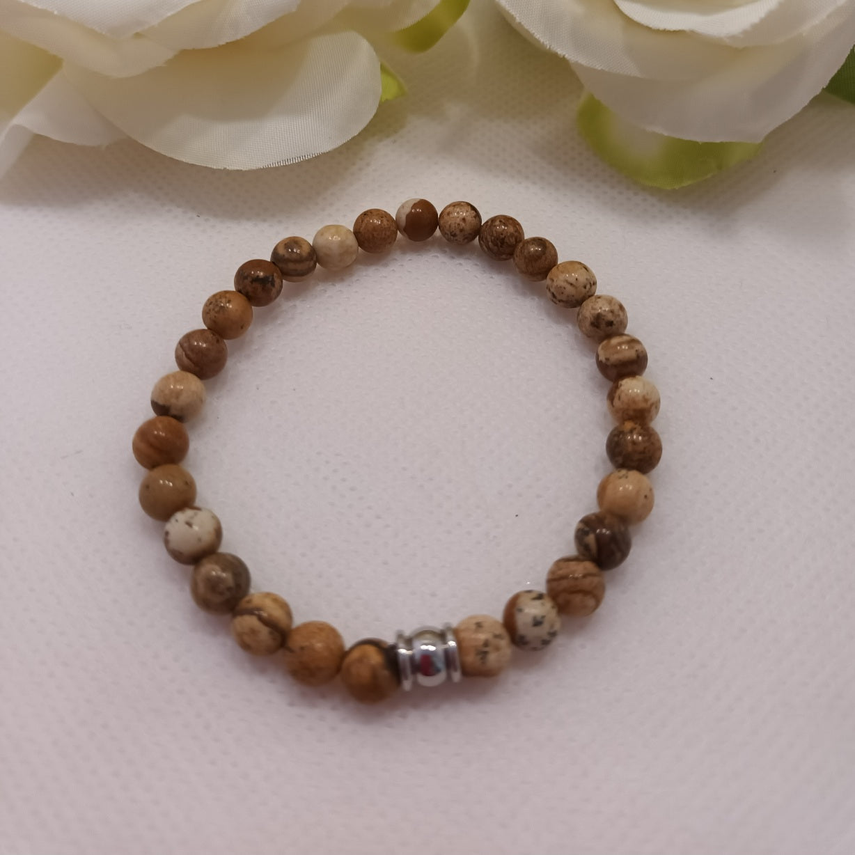 Bracelet jaspe paysage 6 mm - perle acier inox - élastique