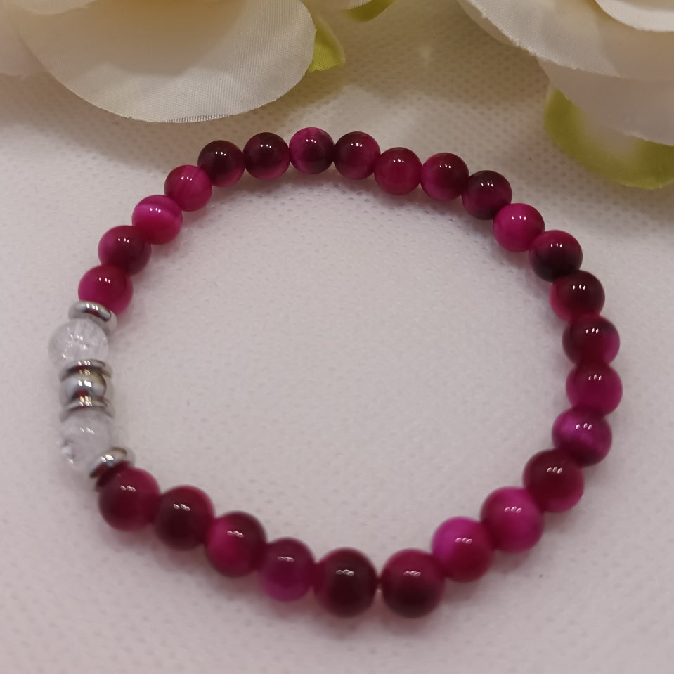 Bracelet œil de tigre teinté rose & cristal de roche 6 mm - perles acier inox - élastique 16 cm