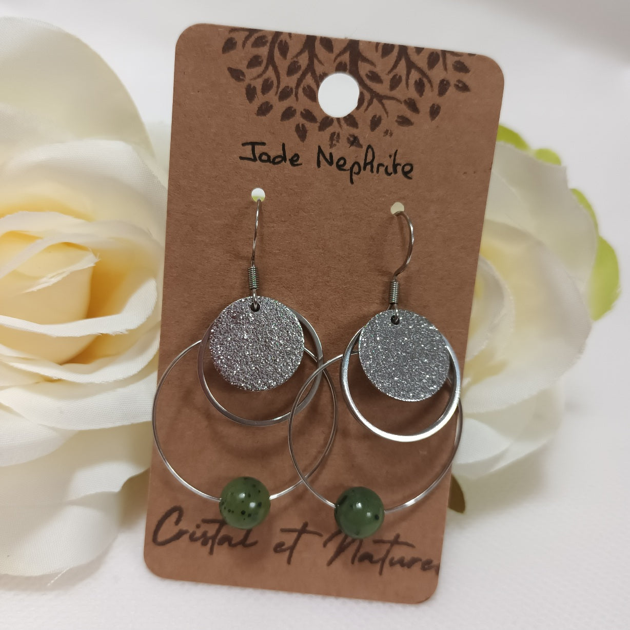 Boucles d’oreilles jade néphrite - acier inoxydable - 5,4 × 3 cm
