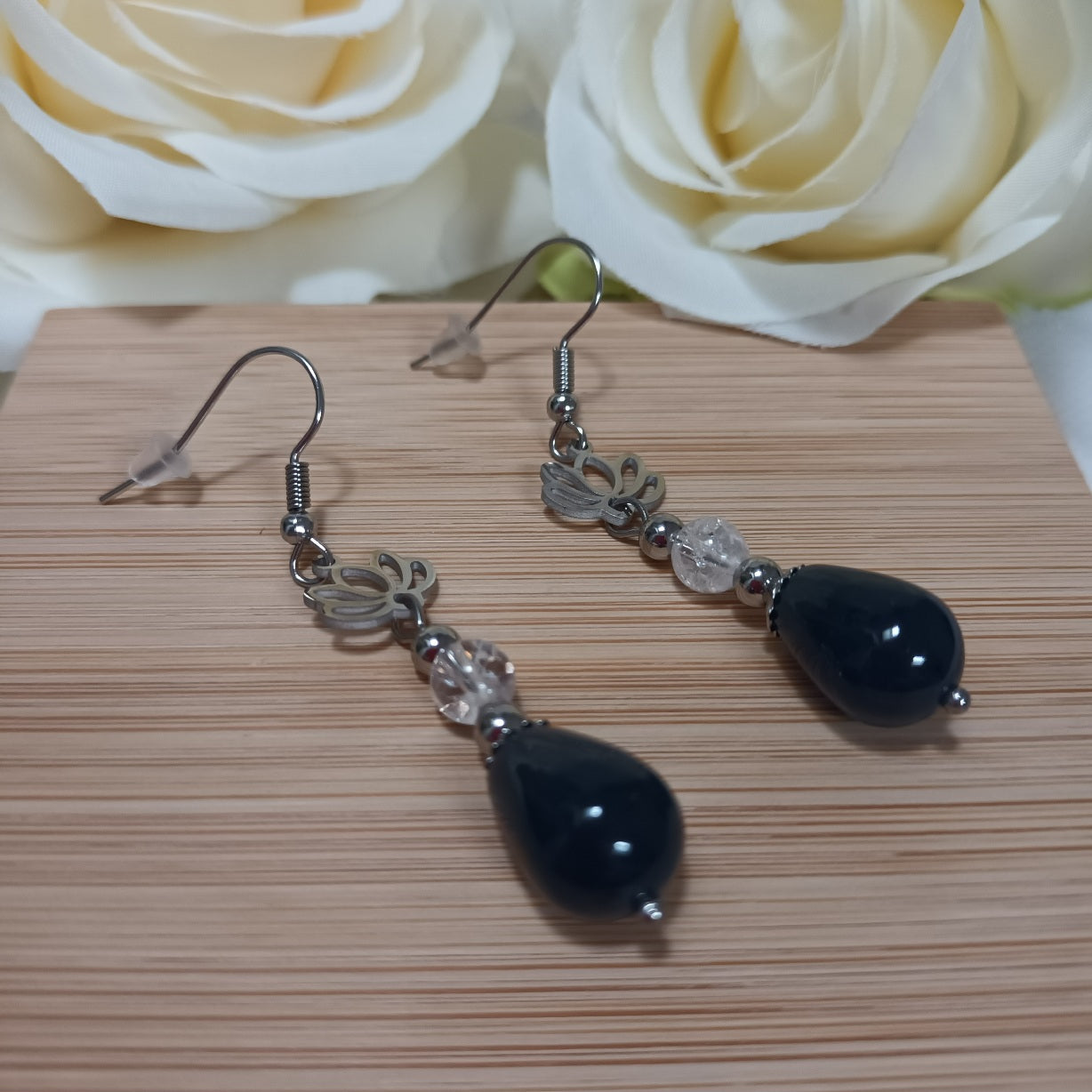Boucles d’oreilles jade bleu & cristal de roche - acier inoxydable - 6 × 1,1 cm