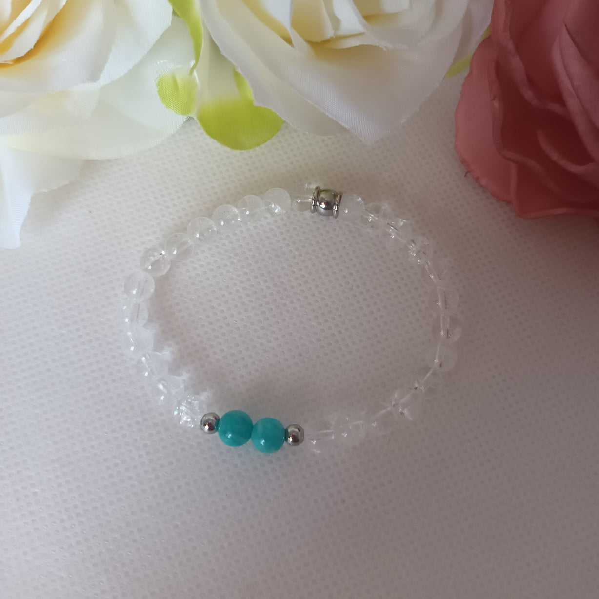 Bracelet cristal de roche et amazonite du Pérou 6 mm - perles acier inox - élastique 15 cm